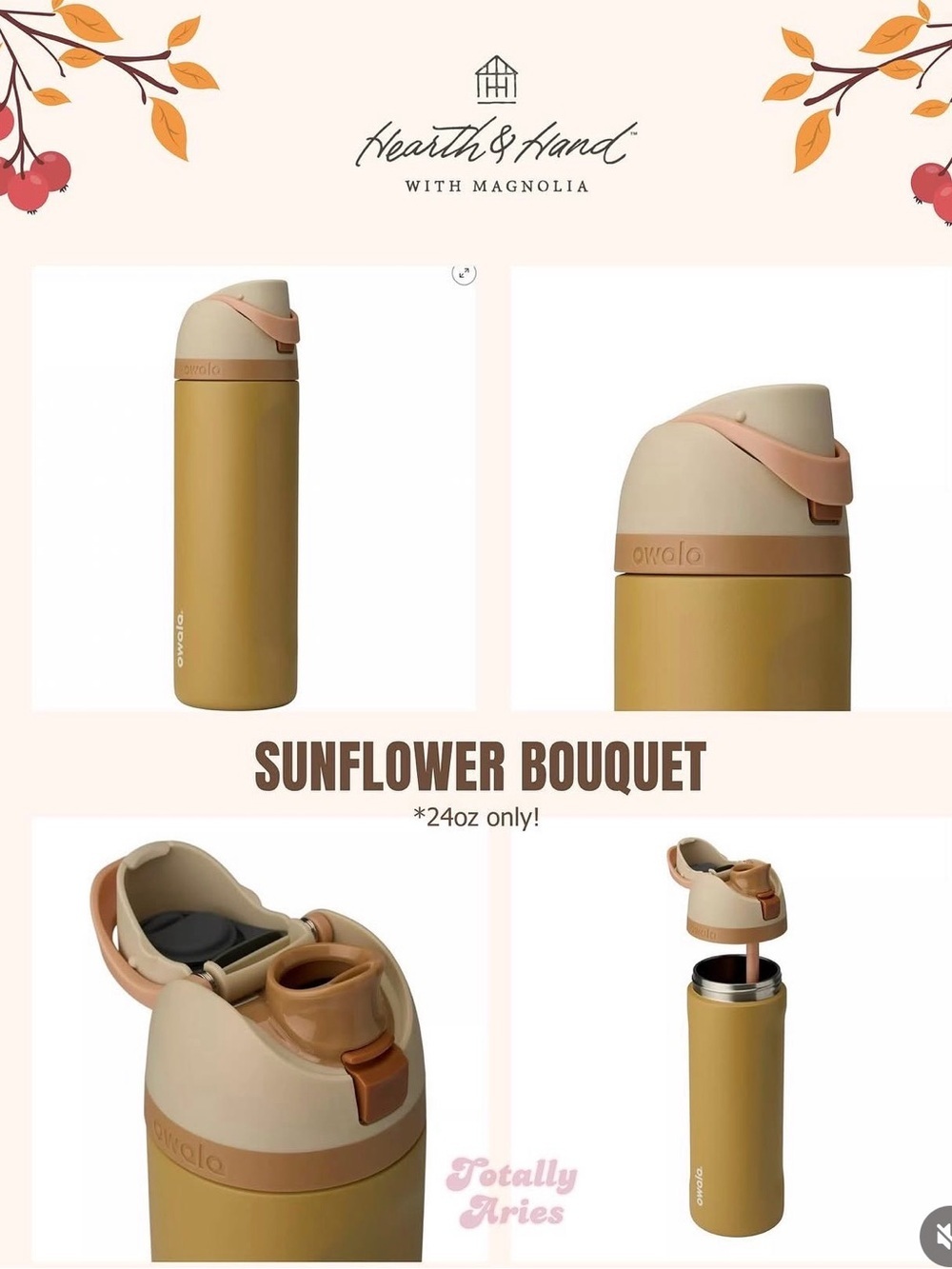 New Owala Hearth & Hand Magnolia Free Sip Insulated Water Bottle Sunflower